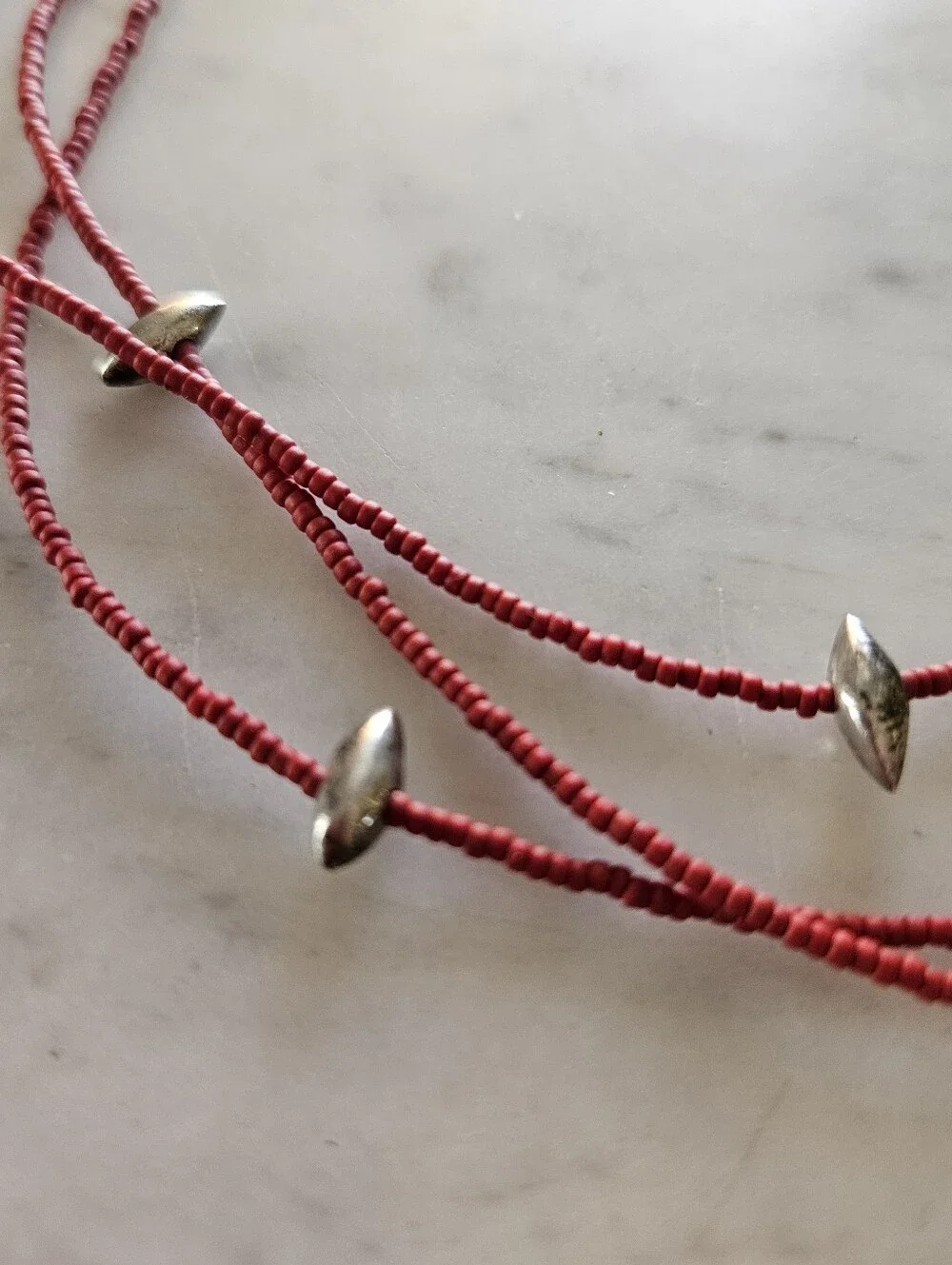Cabo San Lucas Red Coral and Silver 3 Strand Beaded Necklace/Bracelet or Anklet